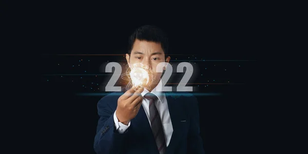 Businessman Holding Light Bulb Virtual Global Internet Connection 2022 Metaverse — Stok Foto