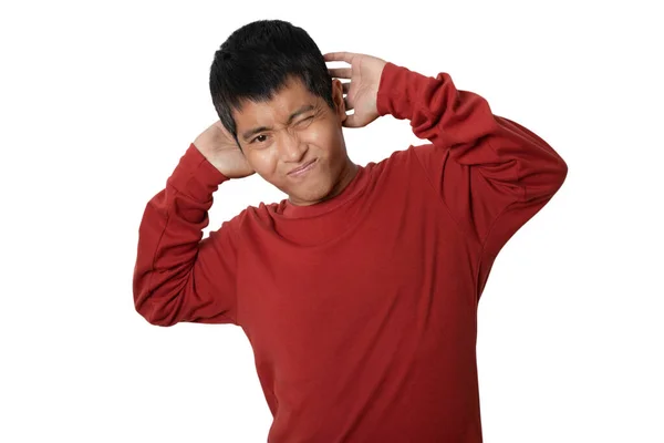 Portrait Young Man Gesturing Two Hands Lazy Stretching Studio Shot — Stockfoto
