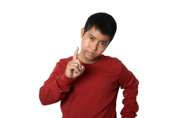 Portrait Young Man Attractive Strict Showing Forefinger Caution Strict Gesture — Stock Fotó