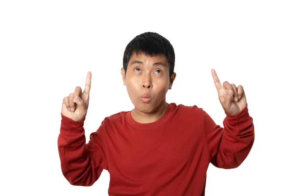 Portrait Young Man Pointing His Finger Presenting Gesture Human Emotion — Stockfoto