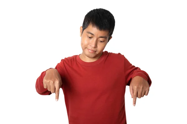 Portrait Young Man Pointing His Finger Presenting Gesture Human Emotion — Fotografia de Stock