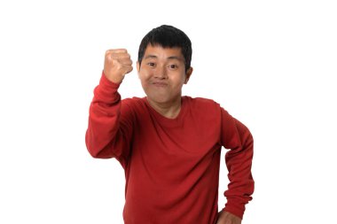 Portrait of young man with winner gesture and celebrating victory happy. Human emotion face expression concept. Studio shot isolated on white background. copy space.