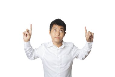 Businessman of pointing up with his finger. presenting gesture.Human emotion face expression concept. Studio shot isolated on white background. copy space.