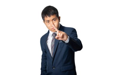 Portrait of businessman in suit pointing ahead. Human emotion face expression concept. Studio shot isolated on white background. copy space. 