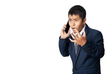 Portrait of businessman talking smartphone with shocked and surprised gesture. Human emotion face expression concept. Studio shot isolated on white background. copy space.