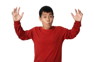 Portrait of young man showing big size gesture by hand. Human emotion expression concept. Studio shot isolated on white background. copy space.