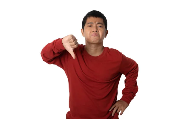 Portrait Young Man Showing Thumb Sign Hand Unhappy Angry Show — Stockfoto