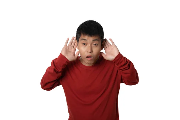Portrait Young Man Hand Ear Listening Hearing Rumor Gossip Studio — Zdjęcie stockowe