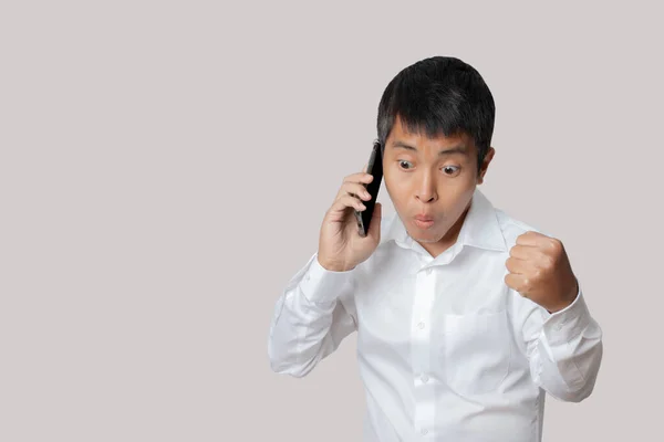 Portrait Businessman Talking Smartphone Winner Gesture Celebrating Victory Happy Human — Stockfoto