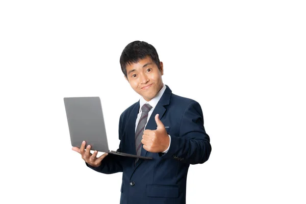 Portrait Businessman Using Laptop Computer Working Online Communicating Internet Human — Stockfoto