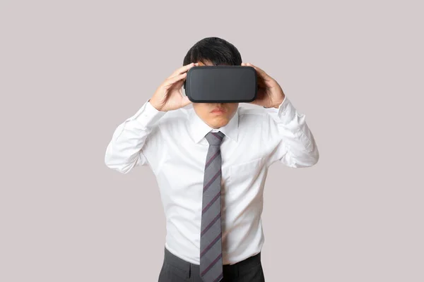 Studio Portrait Man Wearing Headset Isolated Gray Background Glasses Virtual — Foto de Stock
