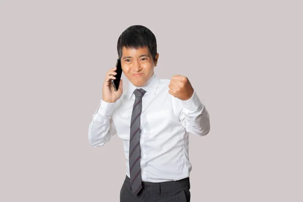 Portrait Businessman Talking Smartphone Winner Gesture Celebrating Victory Happy Human —  Fotos de Stock