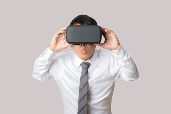 Studio Portrait Man Wearing Headset Isolated Gray Background Glasses Virtual — Foto de Stock
