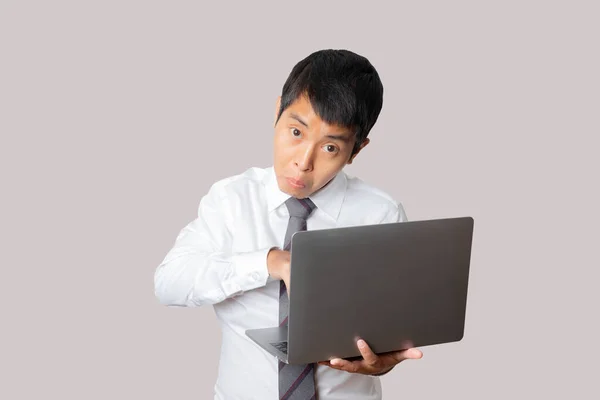 Portrait Businessman Using Laptop Computer Working Online Communicating Internet Human — Photo