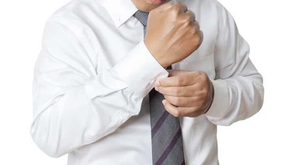 Portrait Businessman Wearing White Shirt Adjusting His Cuff Links Human —  Fotos de Stock