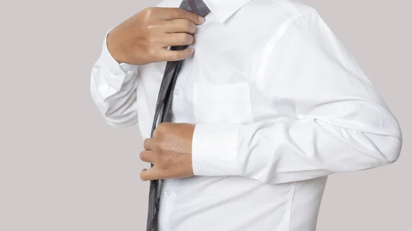 Portrait Businessman Wearing White Shirt Adjusting Necktie Human Emotion Expression — Stockfoto