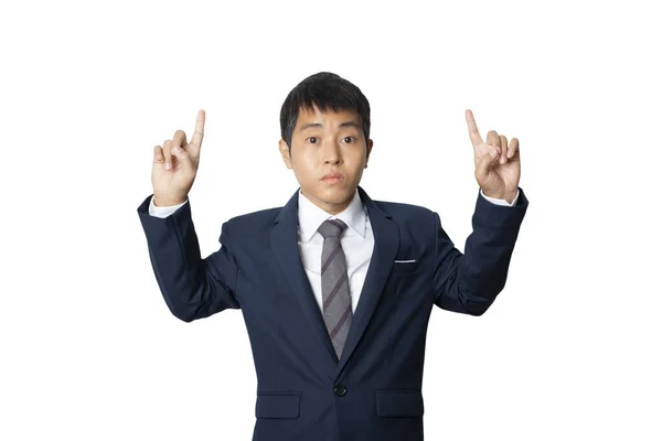 Businessman Pointing His Finger Presenting Gesture Human Emotion Face Expression — Fotografia de Stock