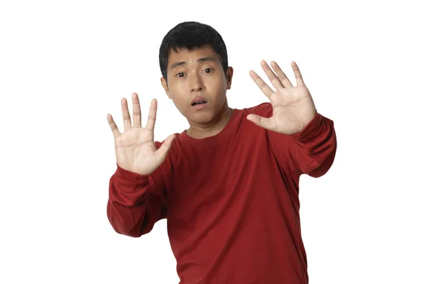 Portrait Young Man Show Stop Gesture Sign Hand Hands Show — Stockfoto