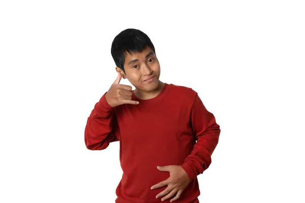 Portrait Young Single Man Making Call Gesture Sign Hand Shaped — Stockfoto