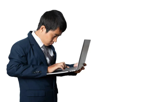 Portrait Businessman Using Laptop Computer Working Online Communicating Internet Human — Foto de Stock