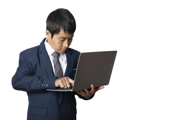 Portrait Businessman Using Laptop Computer Working Online Communicating Internet Human — Stock fotografie