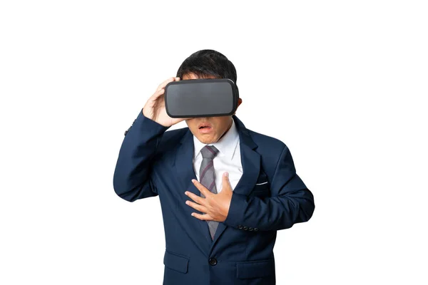 Studio Portrait Businessman Wearing Headset Isolated White Background Glasses Virtual — Foto de Stock