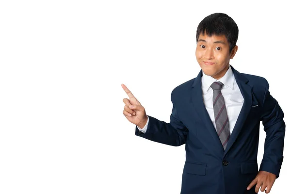 Businessman Pointing His Finger Presenting Gesture Human Emotion Face Expression — Stockfoto
