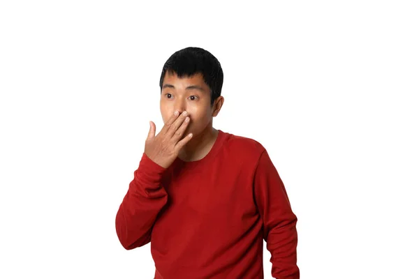 Portrait Young Man Wearing Casual Shirt Covering Mouth Hand Shocked — Stockfoto