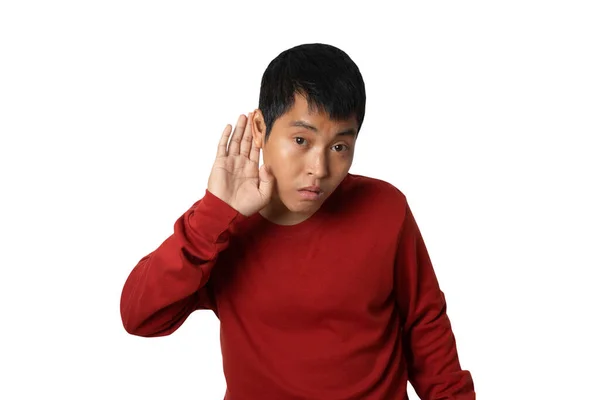 Portrait Young Man Hand Ear Listening Hearing Rumor Gossip Studio —  Fotos de Stock