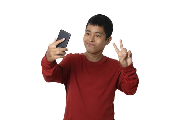Portrait Young Man Having Video Call Holding Smart Phone Hand — Photo