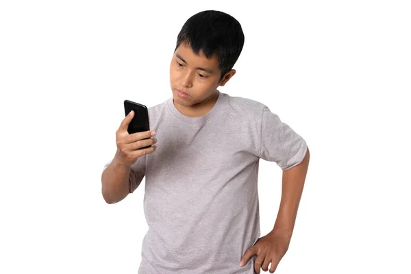 Portrait Young Man Using Smartphone Human Emotion Face Expression Concept — Stock Fotó