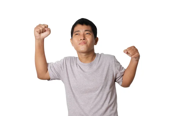 Portrait Young Man Winner Gesture Celebrating Victory Happy Human Emotion — Photo