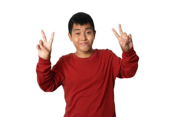Portrait Young Man Show Gesture Victory Sign Hand Human Emotion — Stockfoto