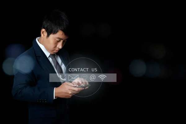 Businessman Using Smartphone Icon Phone Chat Message Icon Mail Address — 图库照片