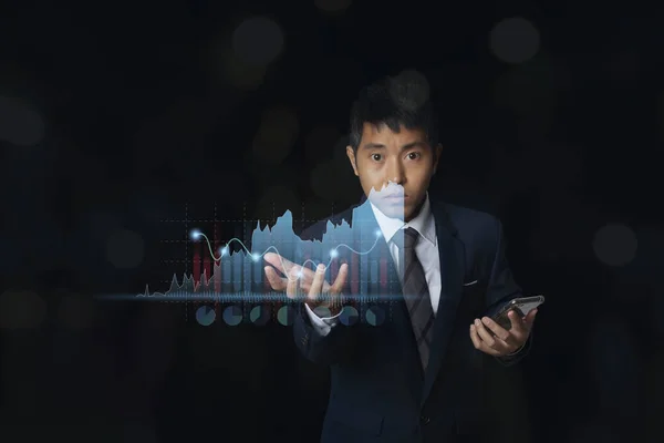 Businessman Using Smartphone Showing Growing Virtual Hologram Stock Invest Trading — 图库照片