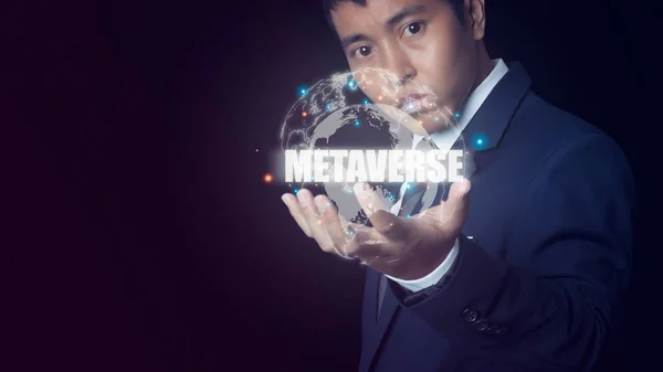 Businessman with global network and data accessing Cloud Computing.Virtual Global Internet connection metaverse. internet of things.Digital link tech, big data through internet technology.