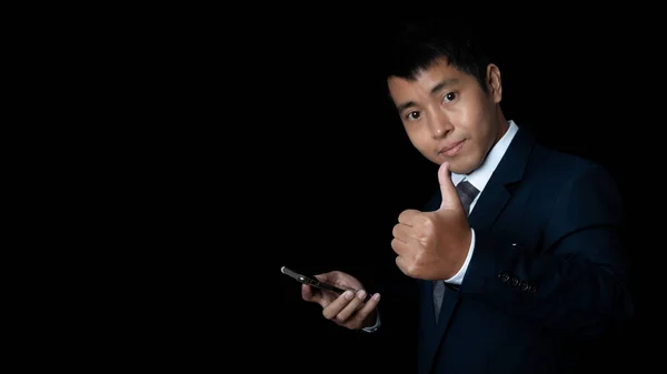 Portrait Businessman Using Smartphone Showing Approving Doing Positive Gesture Hand — ストック写真