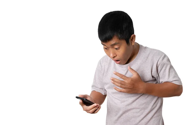 Portrait Young Man Using Smartphone Shocked Surprised Gesture Human Emotion — Stock Fotó