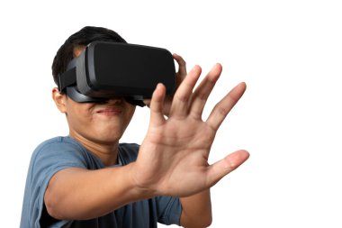 Studio portrait man wearing VR Headset isolated on white background. Glasses of virtual reality. Technology, gaming, entertainment and people concept. copy space.