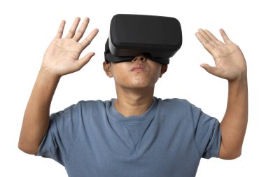 Studio portrait man wearing VR Headset isolated on white background. Glasses of virtual reality. Technology, gaming, entertainment and people concept. copy space.