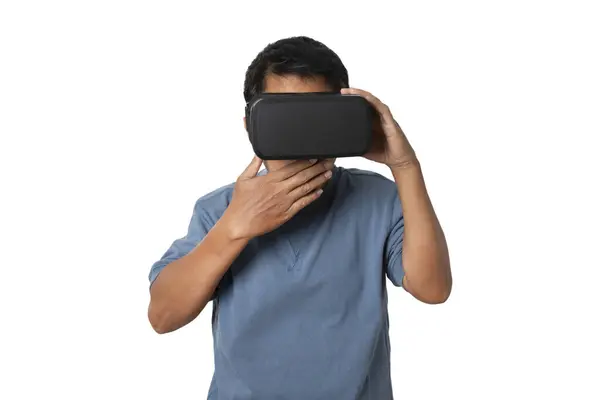 Studio Portrait Man Wearing Headset Isolated White Background Glasses Virtual — Foto de Stock