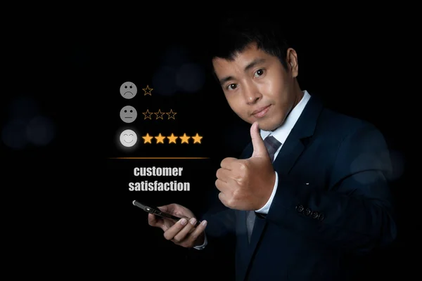 Businessman Hand Use Smartphone Choosing Screen Five Star Icon Give — Foto Stock