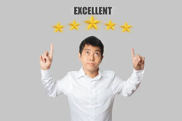 Businessman Choosing Screen Five Star Icon Give Satisfaction Service Rating — Foto Stock