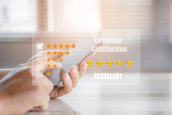 Man Hand Use Smartphone Choosing Screen Five Star Icon Give — Stock Photo, Image