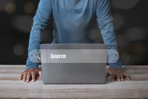 Man Working Computer Laptop Searching Browsing Internet Data Information Networking — Stockfoto