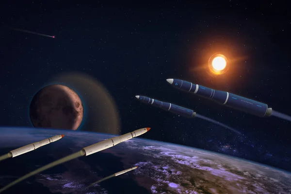 Misiles Hipersónicos Cohetes Sobre Tierra Apocalíptica Cometa Corre Espacio Elementos — Foto de Stock