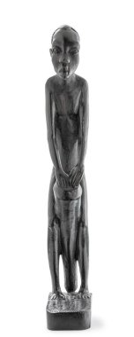 Wooden African statue of a skinny man working playing percussion, isolated on white