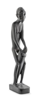 Wooden African statue of a skinny man working playing percussion, isolated on white