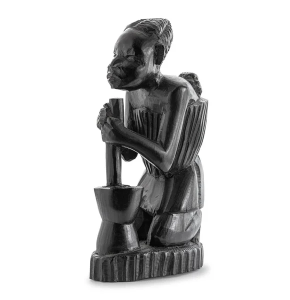 Wooden African Statue Woman Working Large Mortar Carying Her Child — Stock Photo, Image