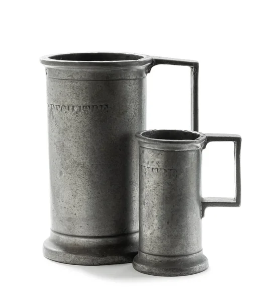 Pair Antique Pewter Capacity Measures Isolated White Background — Stock fotografie